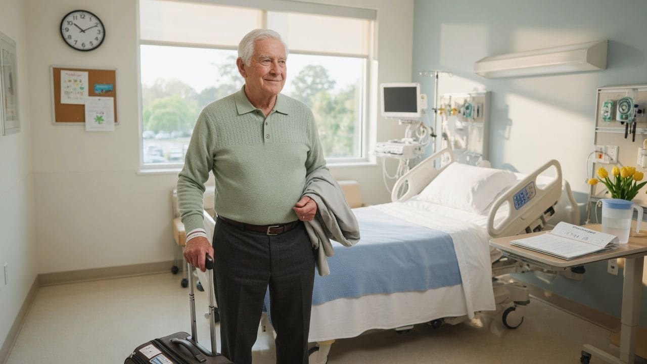 Idoso em roupa casual em quarto de hospital, em frente à cama