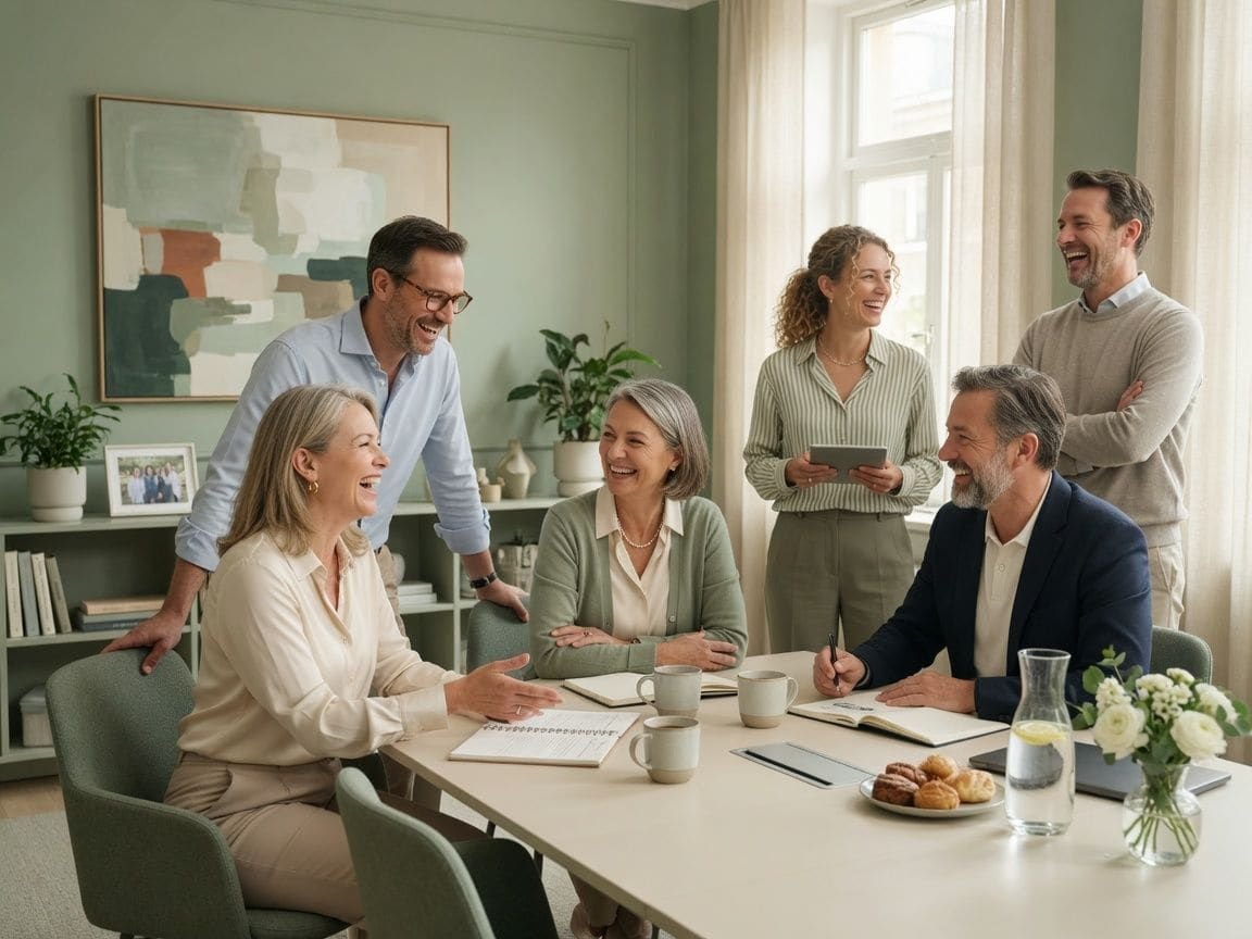 Equipe em ambiente casual, pessoas de 30 a 60 anos