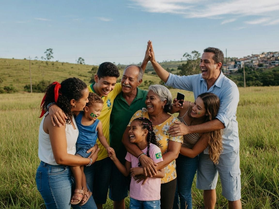 Família reunida e feliz em campo aberto