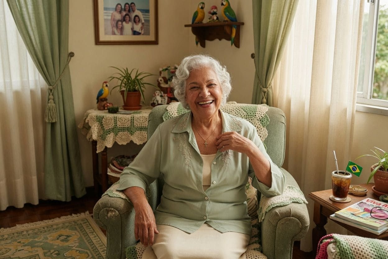 Idosa sorrindo em casa